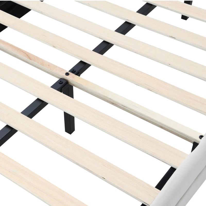 Letto Imbottito con Testiera a Nuvola e Striscia LED, 14 Doghe in Legno, Rivestimento in Velluto, Senza Materasso, 90x200 cm, Bianco