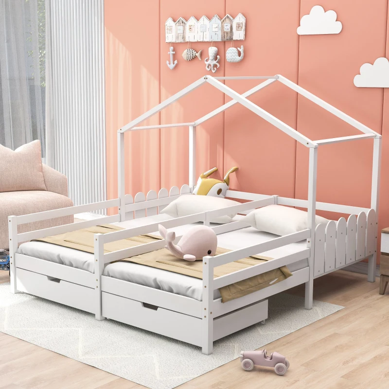 Letto a Casetta con 2 Cassetti su Ruote, Letto per Cameretta, Rete a Doghe, Senza Materasso, in Legno, 200×90 cm, Bianco
