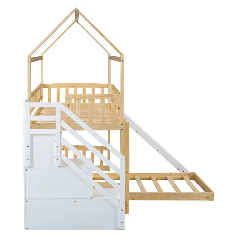 Lit superposé avec escalier et toboggan, protection contre les chutes et espace de rangement, sans matelas, 90x200 cm, naturel
