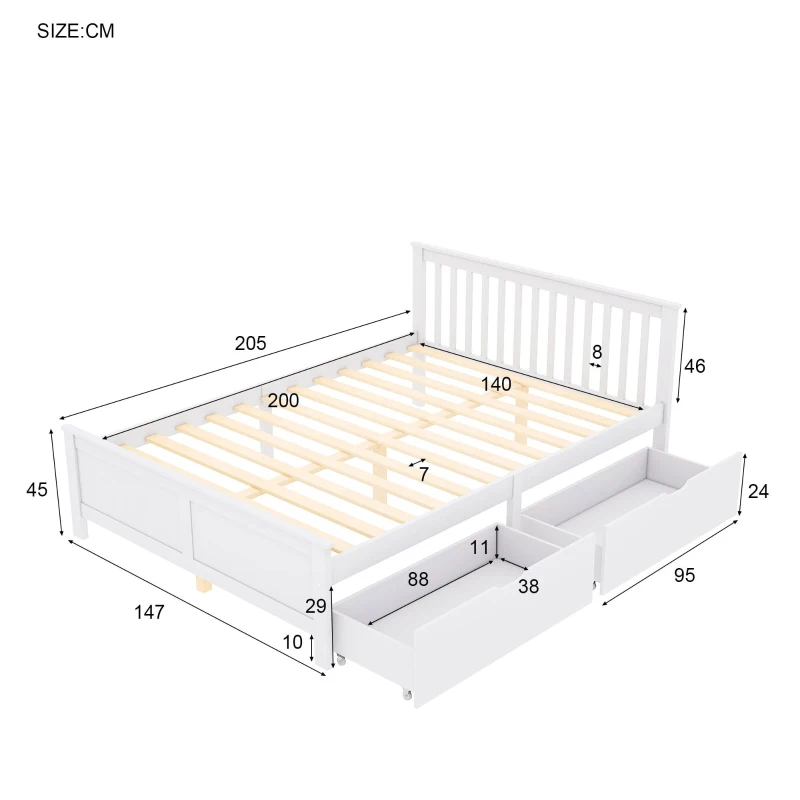 Lit en bois avec tiroirs de rangement, sans matelas, 140x200 cm, Blanc