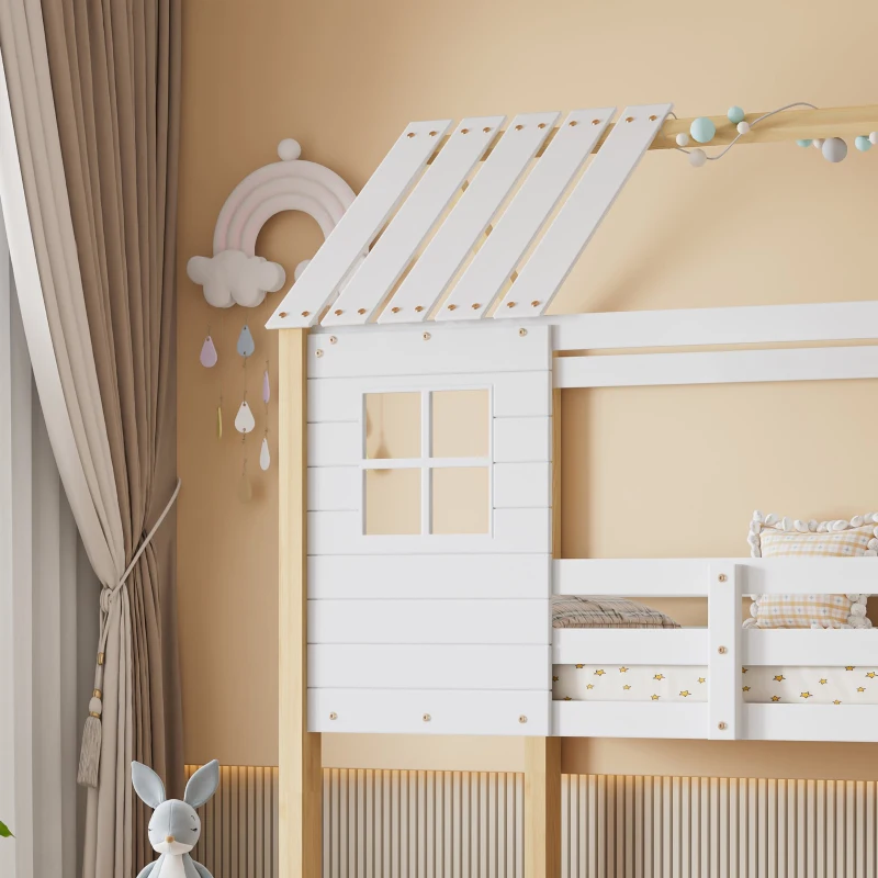 Lit superposé avec escalier d'angle et fenêtre, sans matelas, 200x90 cm, Blanc