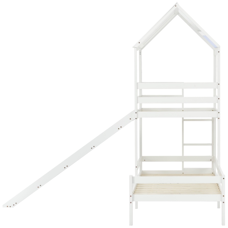 Letto a Casetta con Scivolo, Letto a Castello con Protezione Anticaduta e Sponde, Senza Materasso, in Legno, 200x90cm & 100x90cm, Bianco