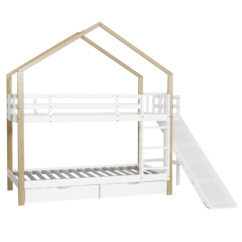 Lit superposé avec toboggan et échelle d'angle à trois niveaux, avec barrière de sécurité, sans matelas, 90x200 cm, Blanc