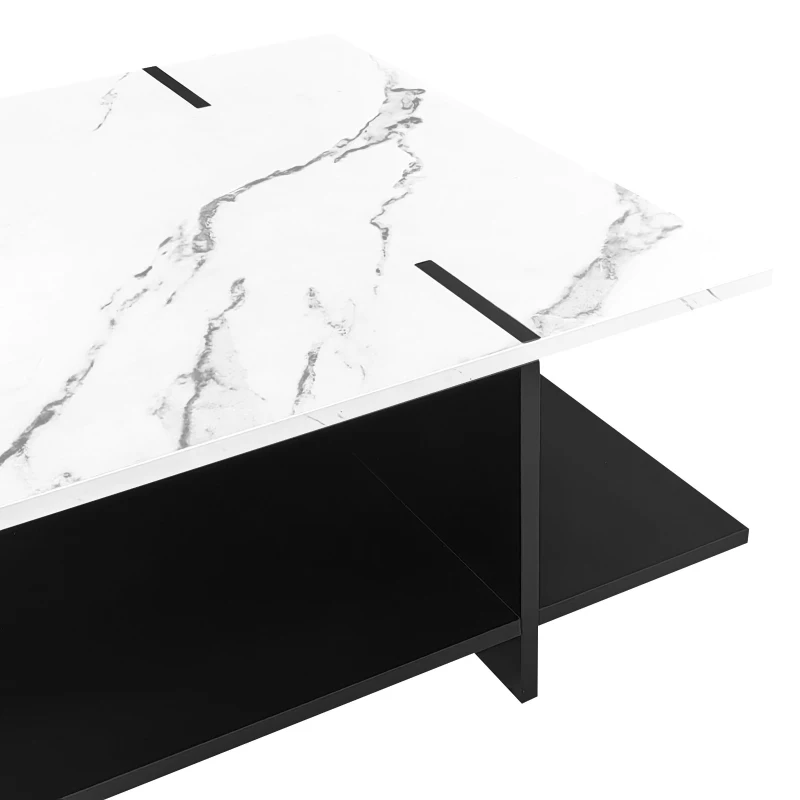 Table basse carrée, design moderne minimaliste, aspect marbre blanc, quatre compartiments de rangement ouverts, Noir+Blanc