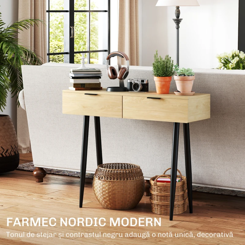 HOMCOM Consolă de Intrare cu 2 Sertare, Masă Consolă din Lemn cu Picioare din Oțel, 100x30x80,5 cm, Lemn Natural