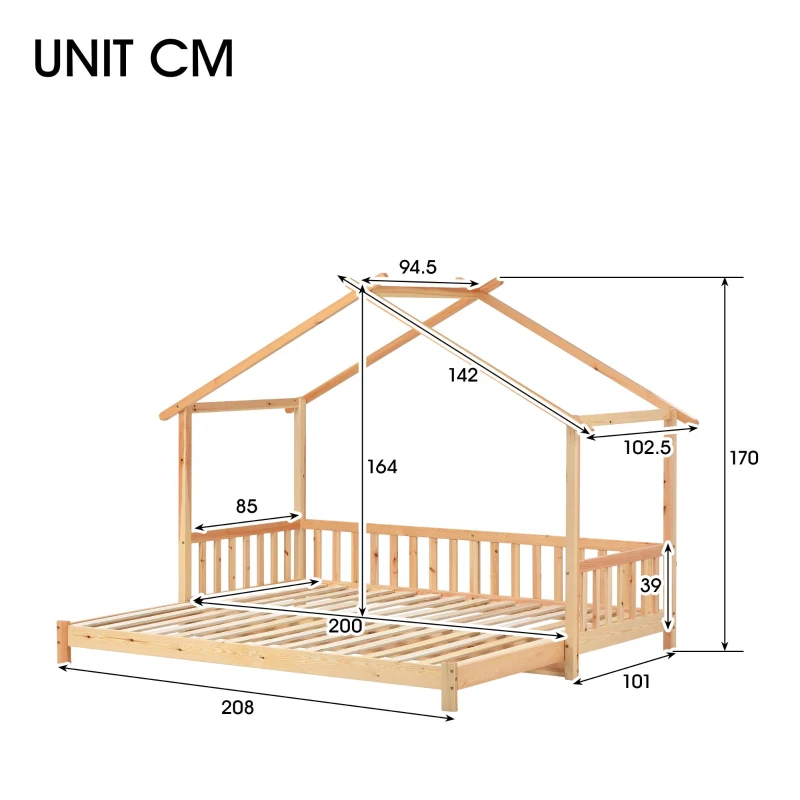Letto a Casetta Espandibile con Ringhiera su Tre Lati, Letto per Cameretta, Letto Montessori, Senza Materasso, in Legno, 200x90 cm, Naturale