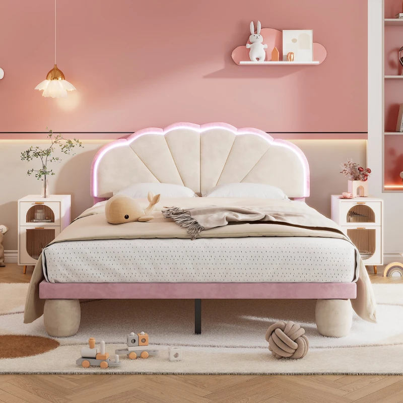 Letto imbottito con strisce luminose multicolore e testiera ondulata, senza materasso, 140×200 cm, Bianco+Rosa