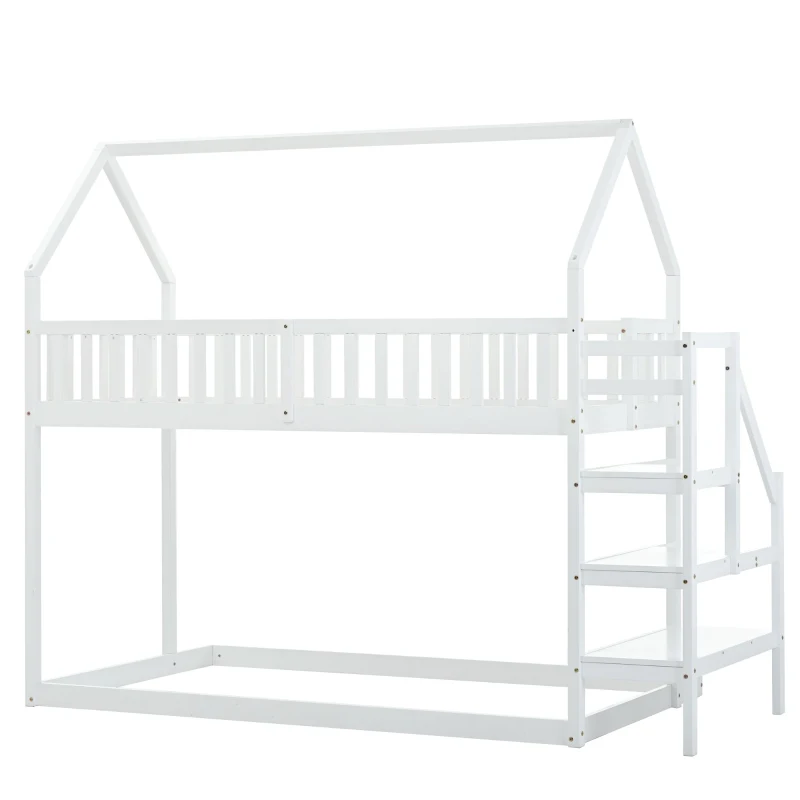 Lit superposé avec escalier et barrière de sécurité, lit cabane, sans matelas, 90x200 cm, Blanc