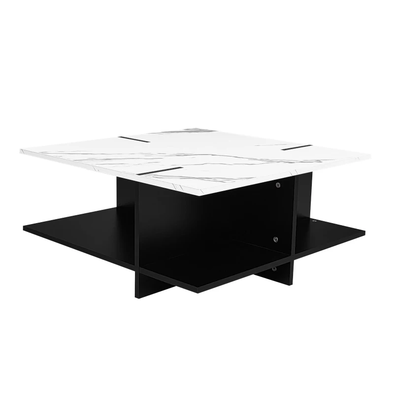 Tavolino quadrato, design moderno minimalista, effetto marmo bianco, Nero+Bianco