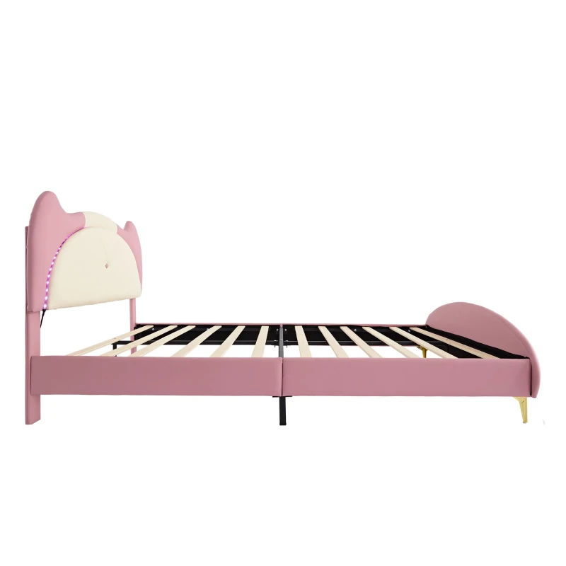 Letto Imbottito con Striscia LED e Doghe in Legno, Letto con Testiera, Rivestimento in Pelle PU, Senza Materasso, 140×200 cm, Bianco e Rosa