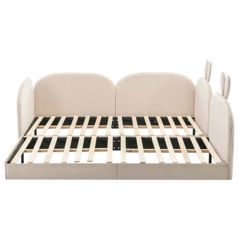 Canapé lit lapin, lit pour enfants, 2 lits simples, cadre rembourré, sans matelas, 90x200 cm & 180x200 cm, Beige