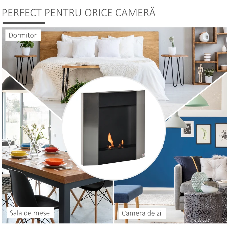 HOMCOM Semineu Bioetanol pentru Perete Rezervor de 0,7L Acoperire 20m² 72x11x72cm