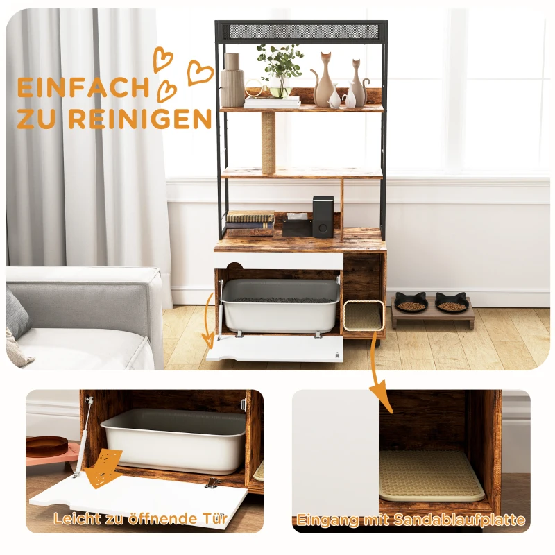 PawHut Kattenbak met 3-Niveau's Opbergrek en Krabpaal, Gesloten Kattenbak, 80 x 48 x 152 cm, Bruin