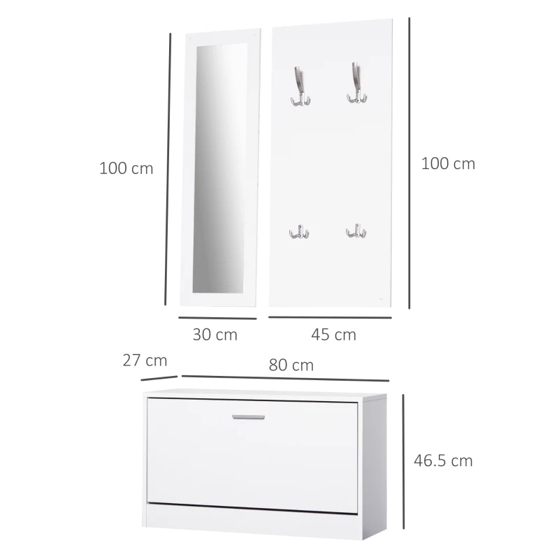 HOMCOM Mobile per Ingresso in Legno Set 3 Pezzi con Scarpiera, Appendiabiti e Specchio, 80x27x46.5cm - Bianco