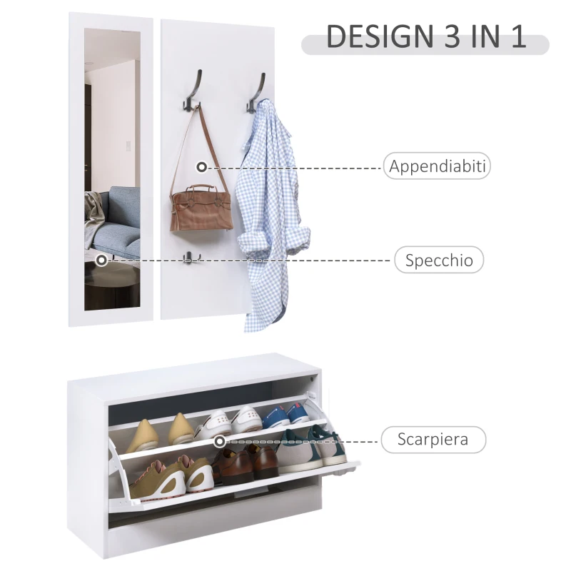 HOMCOM Mobile per Ingresso in Legno Set 3 Pezzi con Scarpiera, Appendiabiti e Specchio, 80x27x46.5cm - Bianco