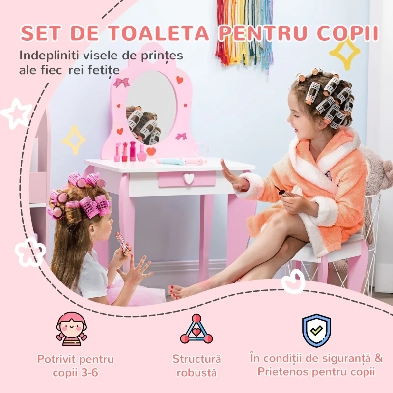 ZONEKIZ Set de Masa de Machiaj cu Scaun si Oglinda si Sertar, din Lemn MDF, pentru Copii de 3-6 Ani, Alb si Roz