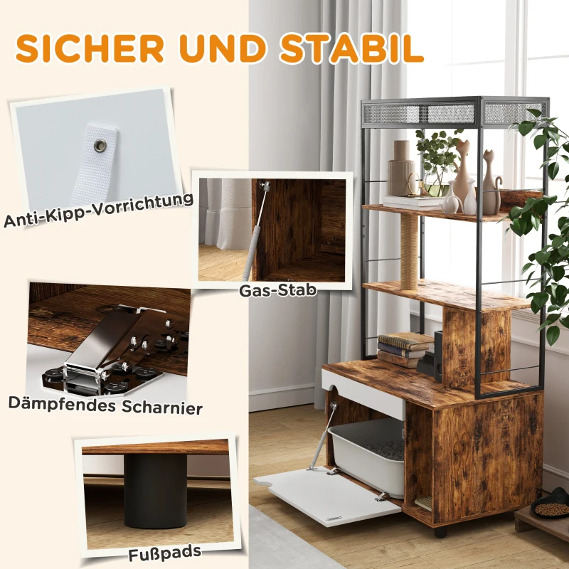 PawHut Kattenbak met 3-Niveau's Opbergrek en Krabpaal, Gesloten Kattenbak, 80 x 48 x 152 cm, Bruin