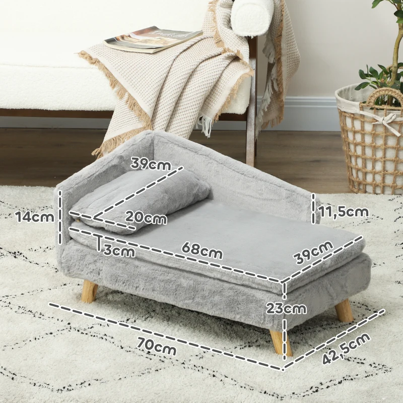 PawHut Sofa dla Psa z Miękkim Pluszem, 2 Poduszki, dla Psów Do 15 kg, 70 x 42,5 x 38,5 cm, Jasnoszary