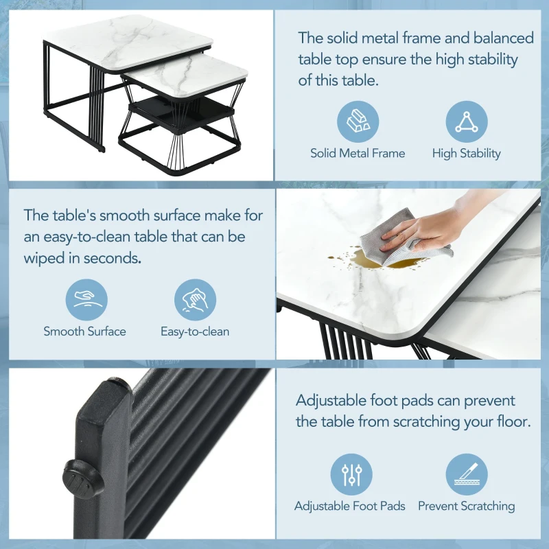 2 Pieces Multi-functional Coffee Tables with Metal Frame and Marble Pattern Top, Square End Tables for Living Room, 65L x 65W x 45H cm, White