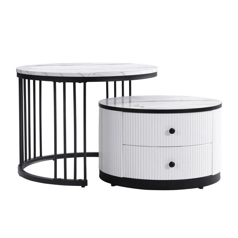 High Gloss Nesting Coffee Table with Marble Pattern Top, Storage Drawers, Modern Round Side Tables for Living Room, White+Black