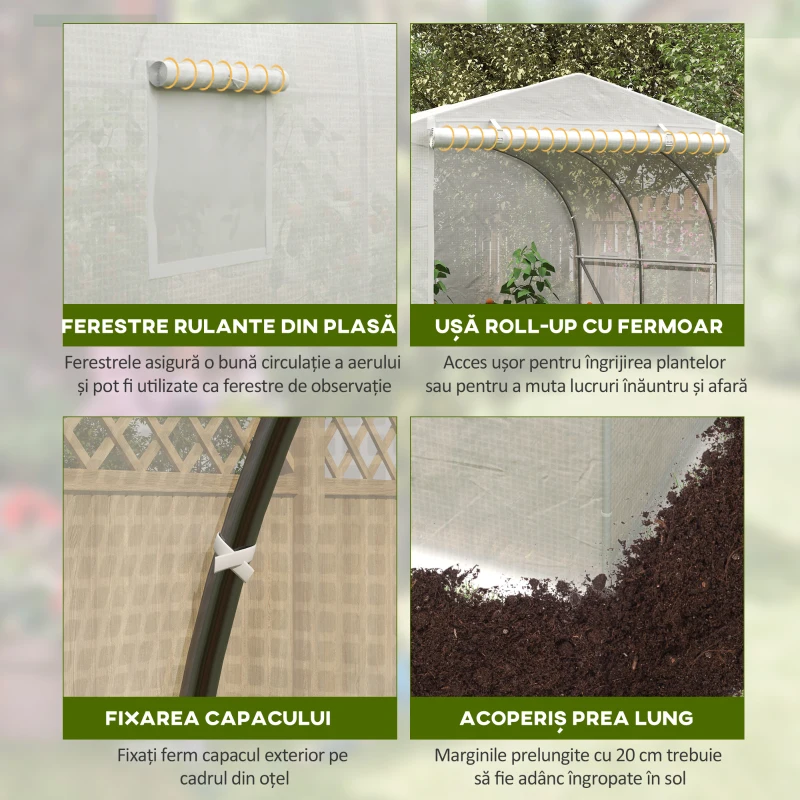 Outsunny Seră Tunel pentru Grădină cu 6 Ferestruici și Ușă Rulantă, Seră pentru Grădină din Oțel, 3,5x3x2 m, Alb(m-5)