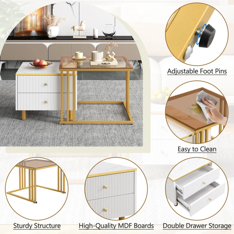 2 Piece Nesting Coffee Table with Marble Pattern and Modern Gold Design, Square Coffee Table with Drawer and Metal Frame, Gold+White