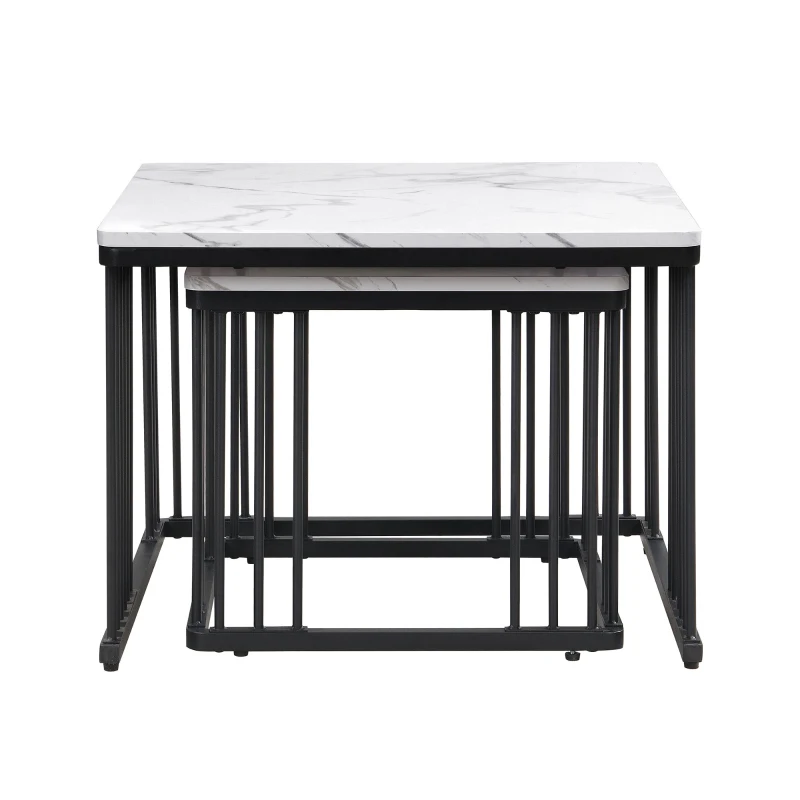 2 Piece High Gloss Coffee Table with Nesting Tables, Marble Side Table with Metal Frame, 60L x 60W x 45H cm, White+Black