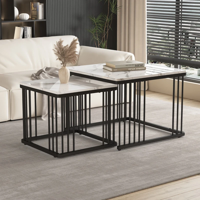 2 Piece High Gloss Coffee Table with Nesting Tables, Marble Side Table with Metal Frame, 60L x 60W x 45H cm, White+Black