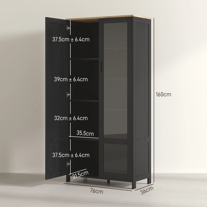 HOMCOM Dulap de Bucătărie cu 9 Rafturi Reglabile, cu Uși de Sticlă și Bază Înălțată din Lemn, 76x36x160 cm, Negru