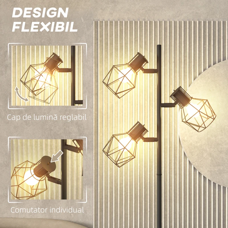 HOMCOM Lampă de Podea cu 3 Lumini Reglabile și Întrerupător cu Buton, Lampă Modernă din Metal, 41x28x169 cm, Negru