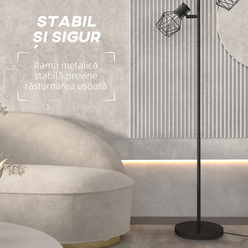 HOMCOM Lampă de Podea cu 3 Lumini Reglabile și Întrerupător cu Buton, Lampă Modernă din Metal, 41x28x169 cm, Negru