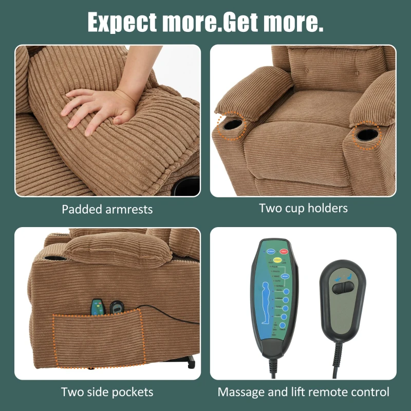 Remote Control Power Lift Massage Chair with Heat, Cup Holders, Upholstered Lounger Chair for Living Room, 95L x 73W x 102H cm, Light Brown