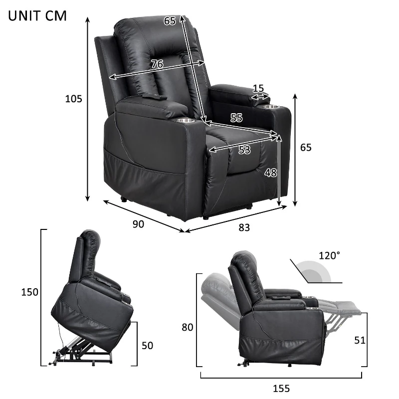 Remote Control Leather Recliner Chair Sofa with Side Pockets, Cup Holders, Electric Recliner Armchair for Elderly, 83L x 90W x 105H cm, Black
