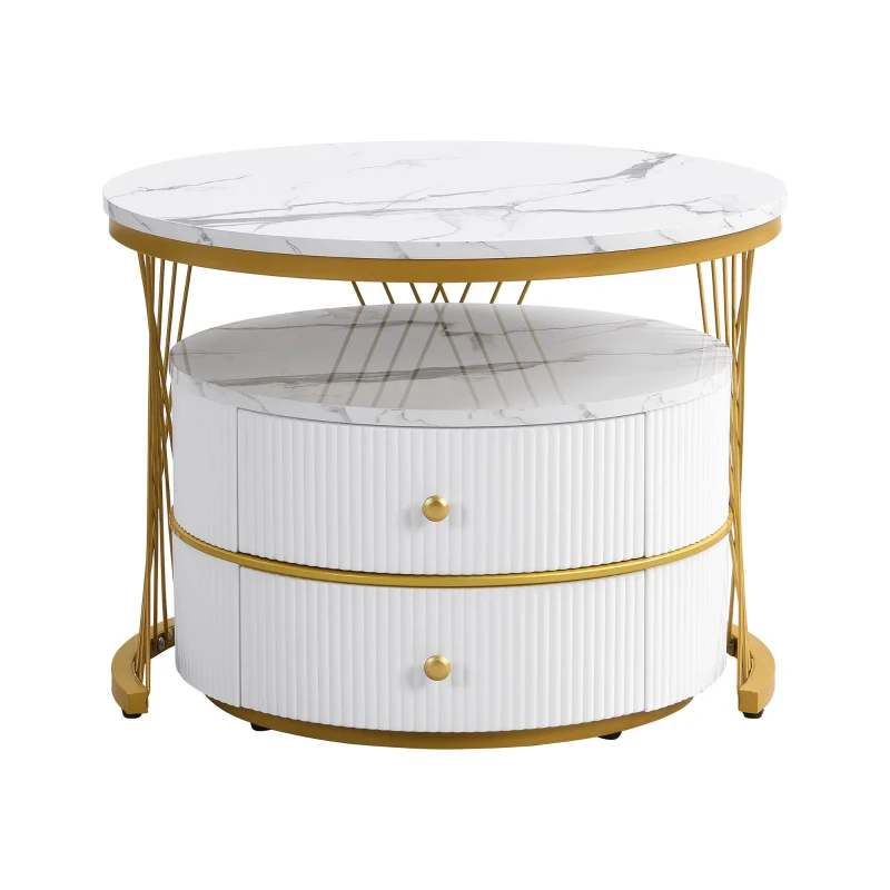 2 Piece High Gloss Round Nesting Coffee Table Set with Marble Top, Living Room Centre Tables with Storage Drawers, Gold+White