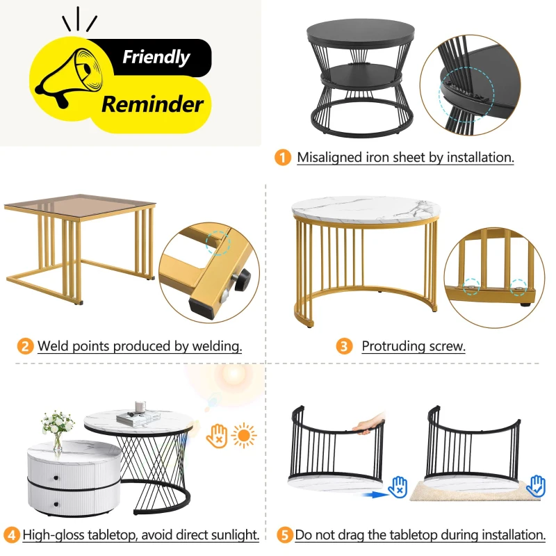 High Gloss Nesting Coffee Table with Marble Pattern Top, Storage Drawers, Modern Round Side Tables for Living Room, White+Black