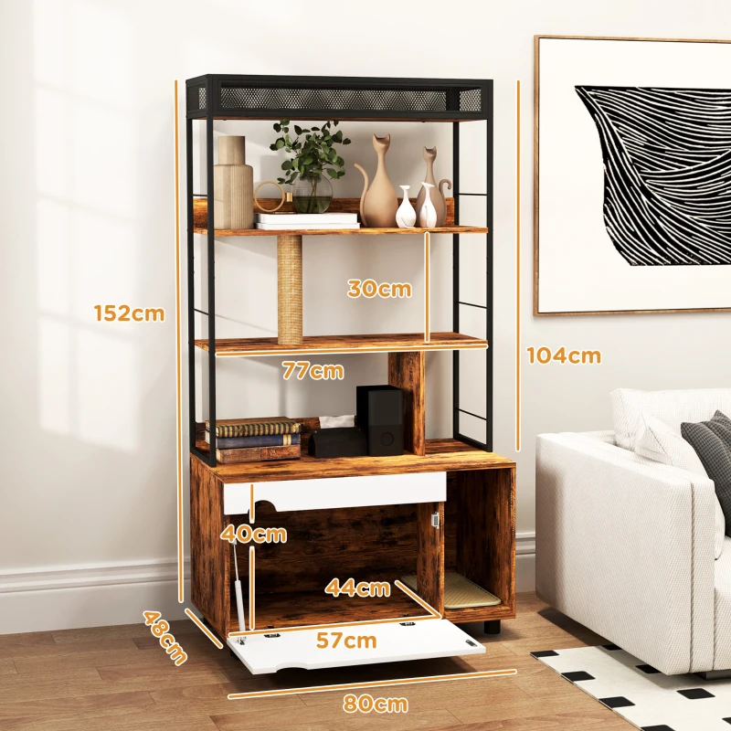 PawHut Kattenbak met 3-Niveau's Opbergrek en Krabpaal, Gesloten Kattenbak, 80 x 48 x 152 cm, Bruin