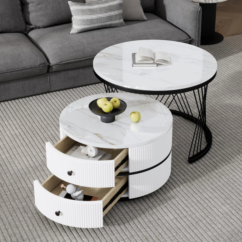 2 Piece High Gloss Nesting Table coffee with Marble-Effect Top, Modern Coffee Table with Storage Drawers, for Living Room, White+Black