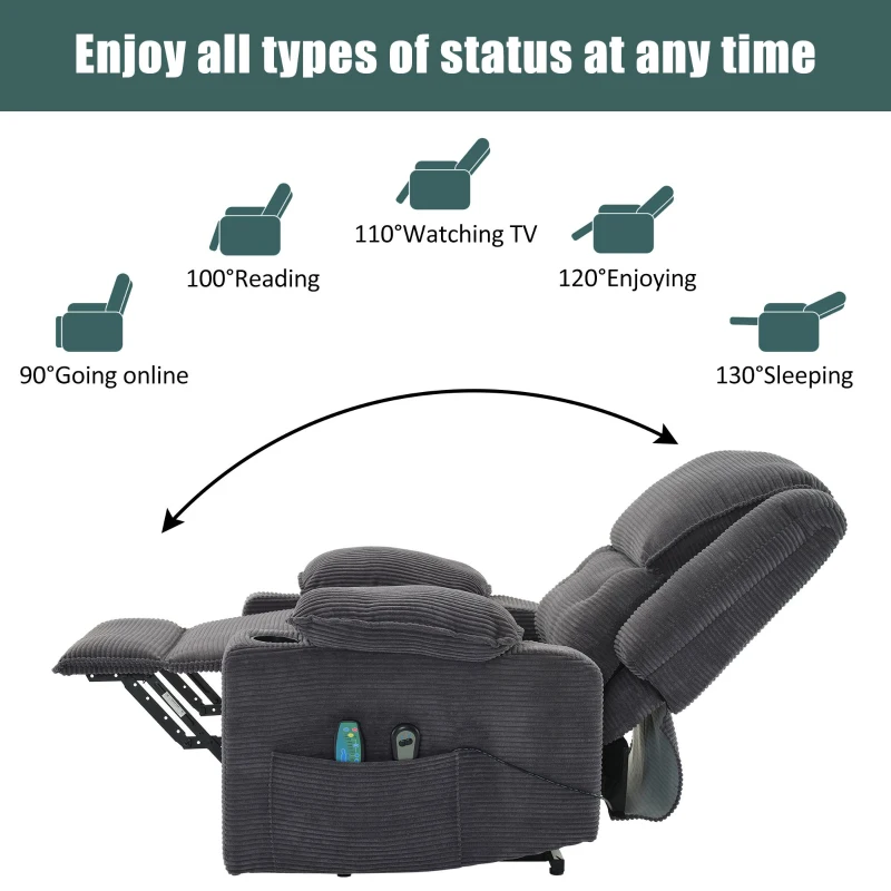 Electric Upholstered Power Lift Massage Chair with Heat, Cup Holders, Remote Control Office Recliner Armchair, 95L x 73W x 102H cm, Grey
