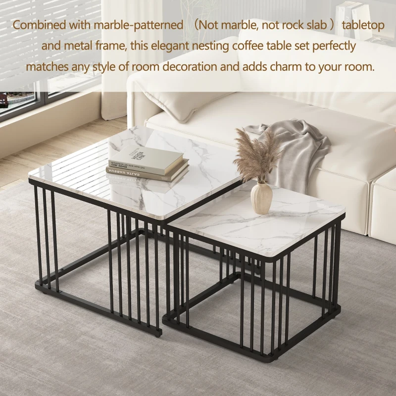 2 Piece High Gloss Coffee Table with Nesting Tables, Marble Side Table with Metal Frame, 60L x 60W x 45H cm, White+Black