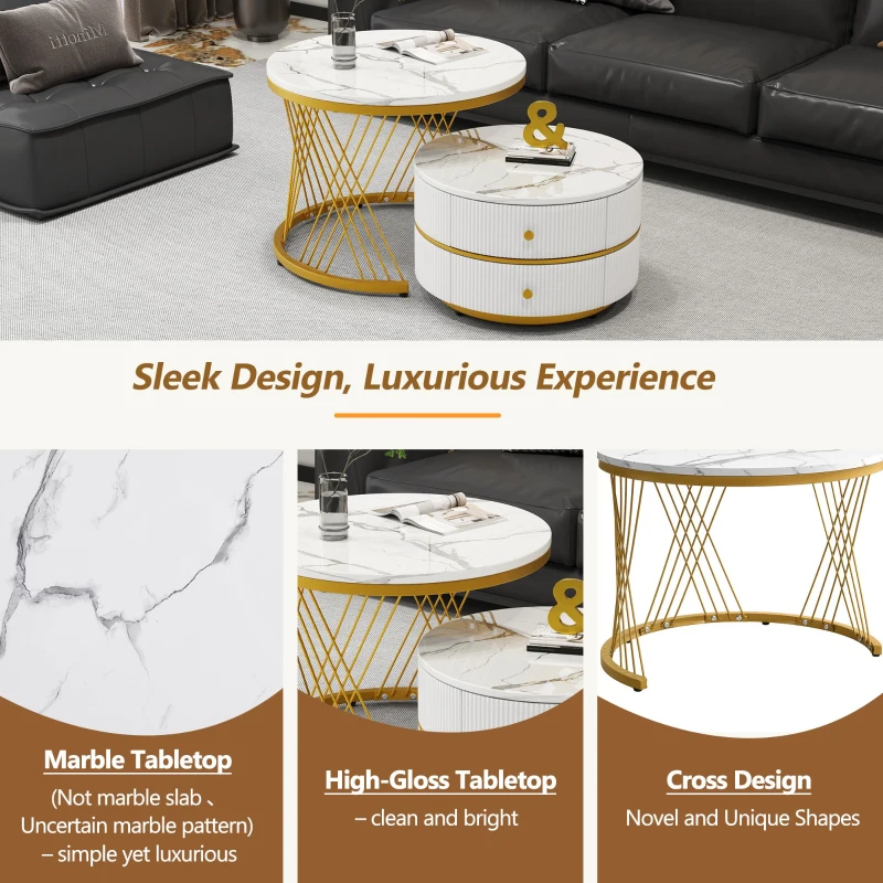 2 Piece High Gloss Round Nesting Coffee Table Set with Marble Top, Living Room Centre Tables with Storage Drawers, Gold+White