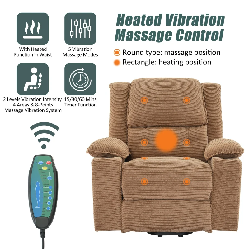 Remote Control Power Lift Massage Chair with Heat, Cup Holders, Upholstered Lounger Chair for Living Room, 95L x 73W x 102H cm, Light Brown