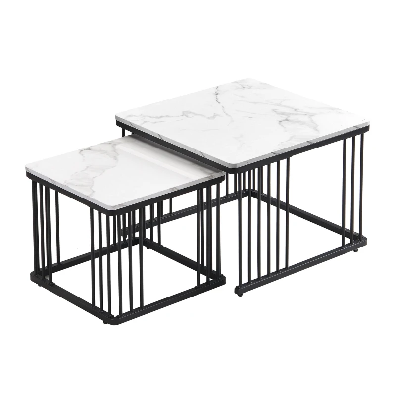 2 Piece High Gloss Coffee Table with Nesting Tables, Marble Side Table with Metal Frame, 60L x 60W x 45H cm, White+Black