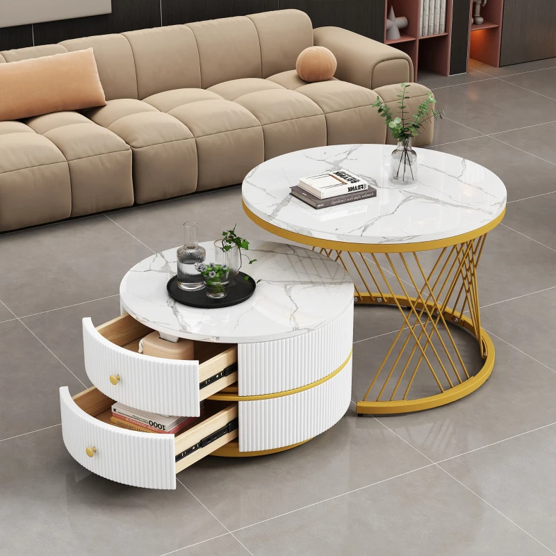 2 Piece High Gloss Round Nesting Coffee Table Set with Marble Top, Living Room Centre Tables with Storage Drawers, Gold+White