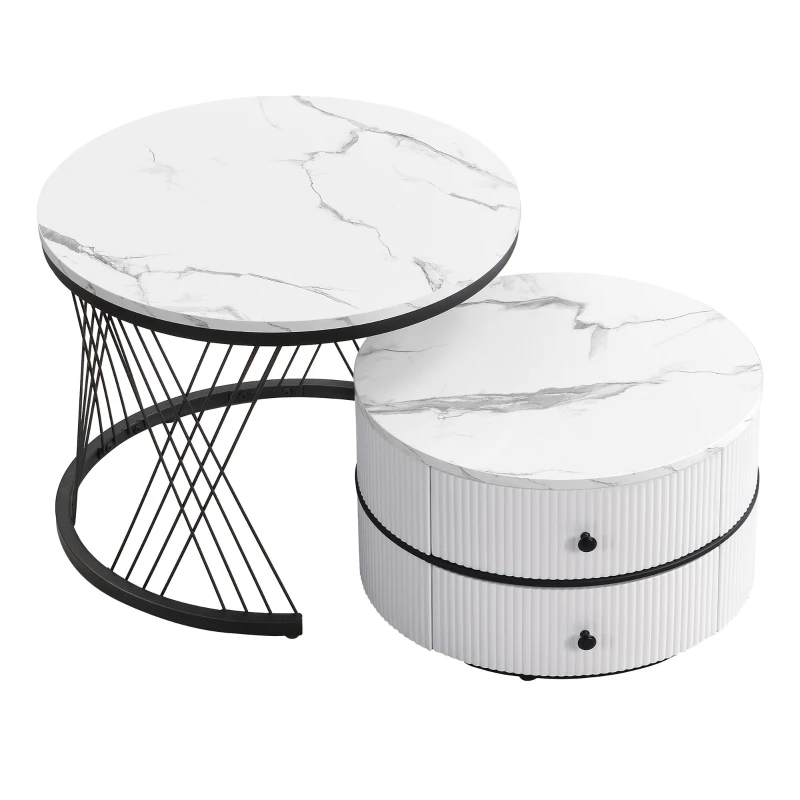 2 Piece High Gloss Nesting Table coffee with Marble-Effect Top, Modern Coffee Table with Storage Drawers, for Living Room, White+Black