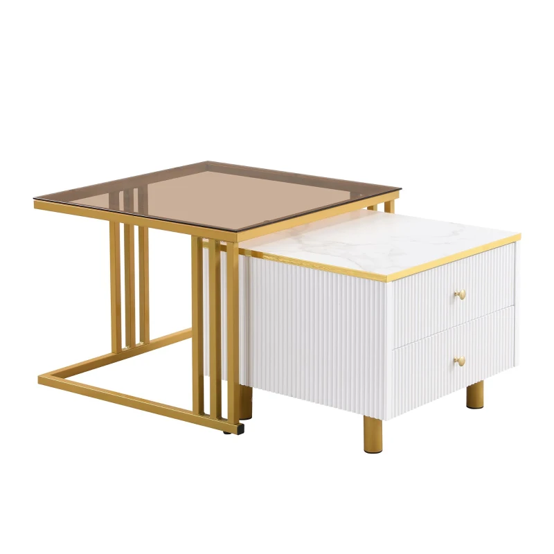 2 Piece Nesting Coffee Table with Marble Pattern and Modern Gold Design, Square Coffee Table with Drawer and Metal Frame, Gold+White