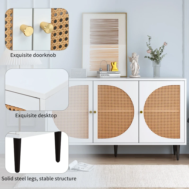 Kitchen Sideboard with 3 Doors and Metal Handles, Cupboard with Storage for Living Room and Office, 130L x 40W x 76H cm, White
