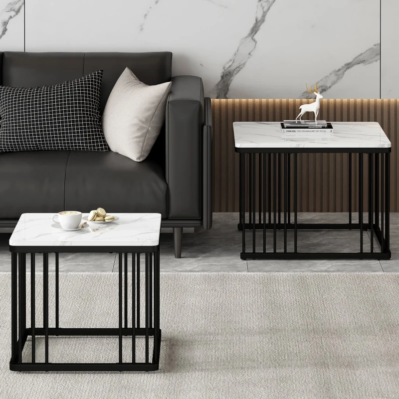 2 Piece High Gloss Coffee Table with Nesting Tables, Marble Side Table with Metal Frame, 60L x 60W x 45H cm, White+Black