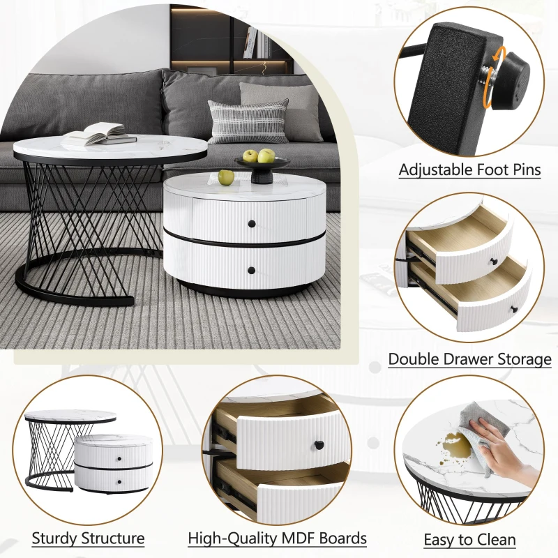 2 Piece High Gloss Nesting Table coffee with Marble-Effect Top, Modern Coffee Table with Storage Drawers, for Living Room, White+Black