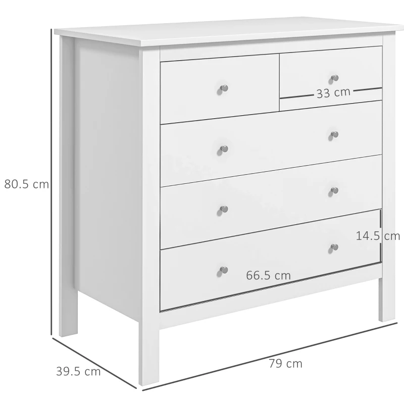HOMCOM Comodă cu 2 Sertare Mici și 3 Sertare Mari, Comodă de Dormitor din Lemn, 79x39,5x80,5 cm, Alb(m-3)