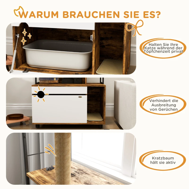 PawHut Kattenbak met 3-Niveau's Opbergrek en Krabpaal, Gesloten Kattenbak, 80 x 48 x 152 cm, Bruin